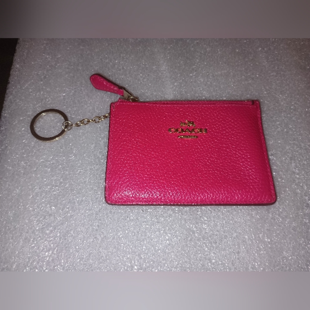 Coach New York Pink Leather Mini Skinny ID Case With Key Chain